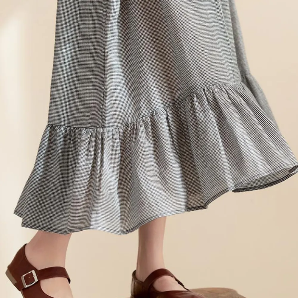 气质荷叶边格子长裙 Gingham Elegance Ruffle Midi Dress