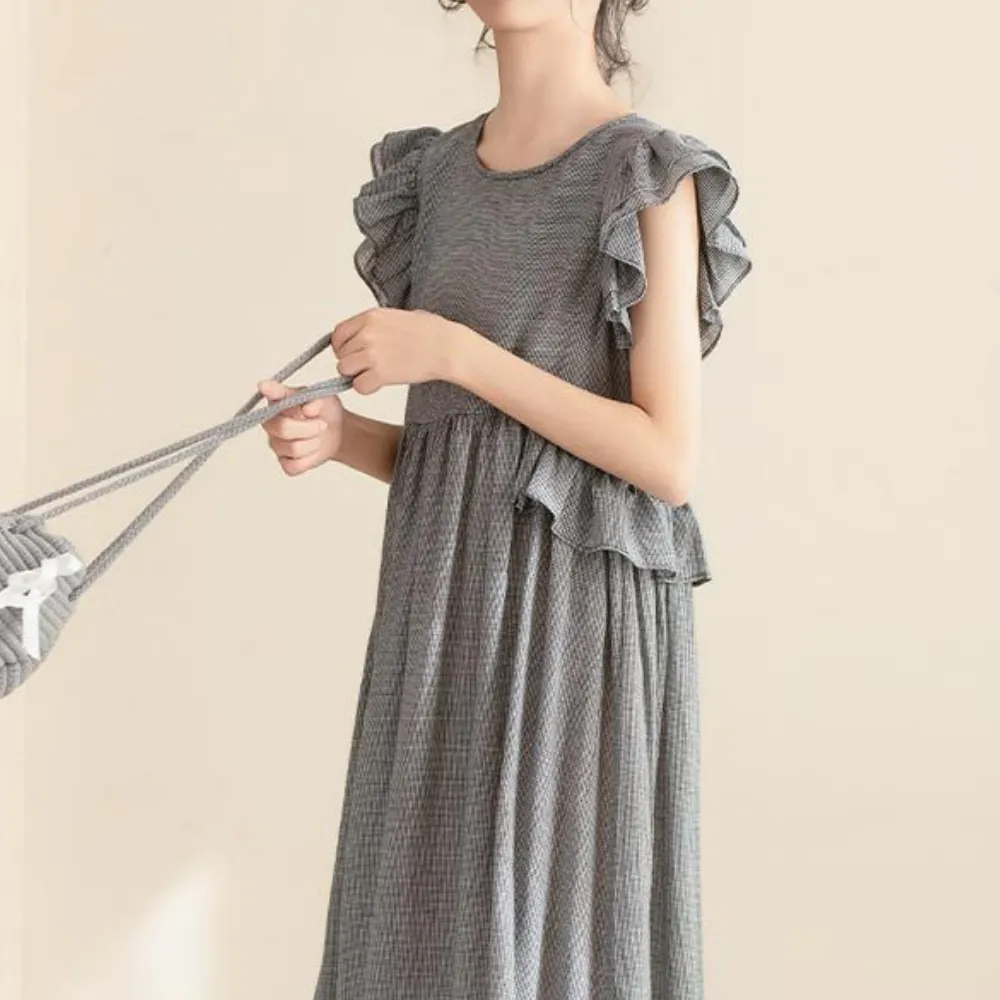 气质荷叶边格子长裙 Gingham Elegance Ruffle Midi Dress