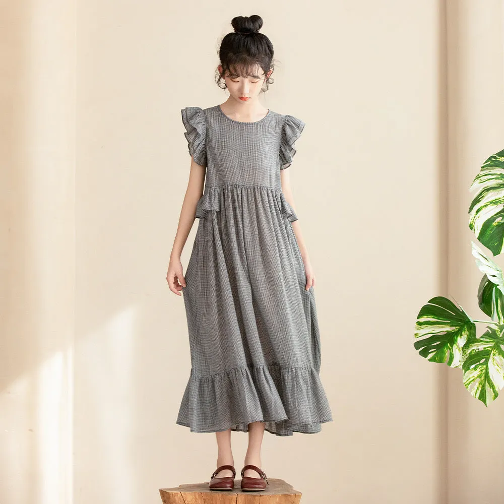 气质荷叶边格子长裙 Gingham Elegance Ruffle Midi Dress