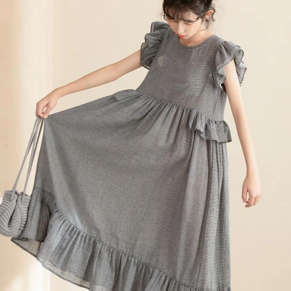 气质荷叶边格子长裙 Gingham Elegance Ruffle Midi Dress