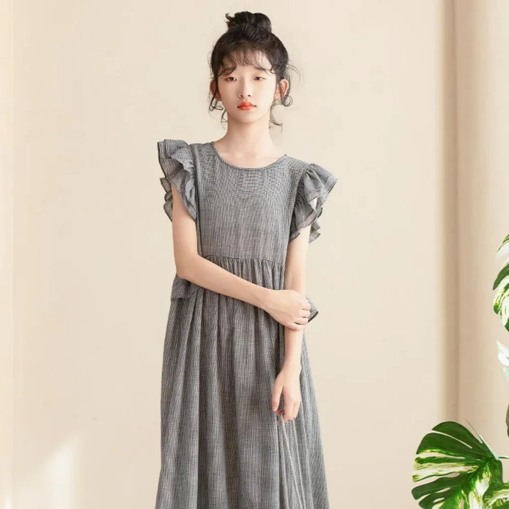气质荷叶边格子长裙 Gingham Elegance Ruffle Midi Dress