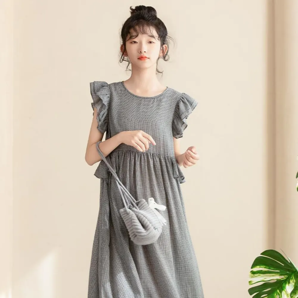 气质荷叶边格子长裙 Gingham Elegance Ruffle Midi Dress