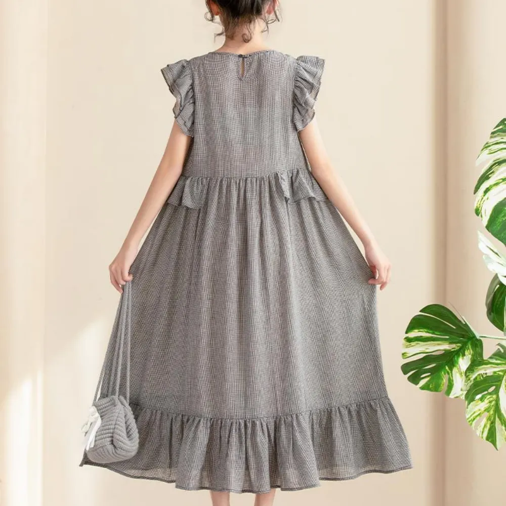 气质荷叶边格子长裙 Gingham Elegance Ruffle Midi Dress