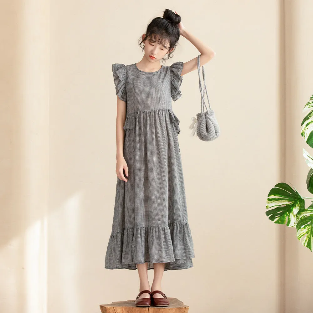 气质荷叶边格子长裙 Gingham Elegance Ruffle Midi Dress