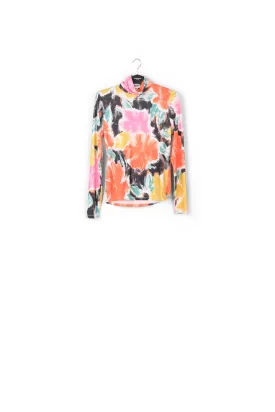 Black, orange and yellow floral print turtleneck top