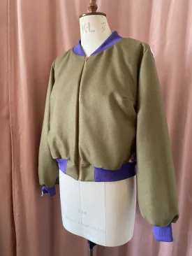 Bomber Jacket Green Wool Tweed with Floral Print and Applique Sparkles - Size L