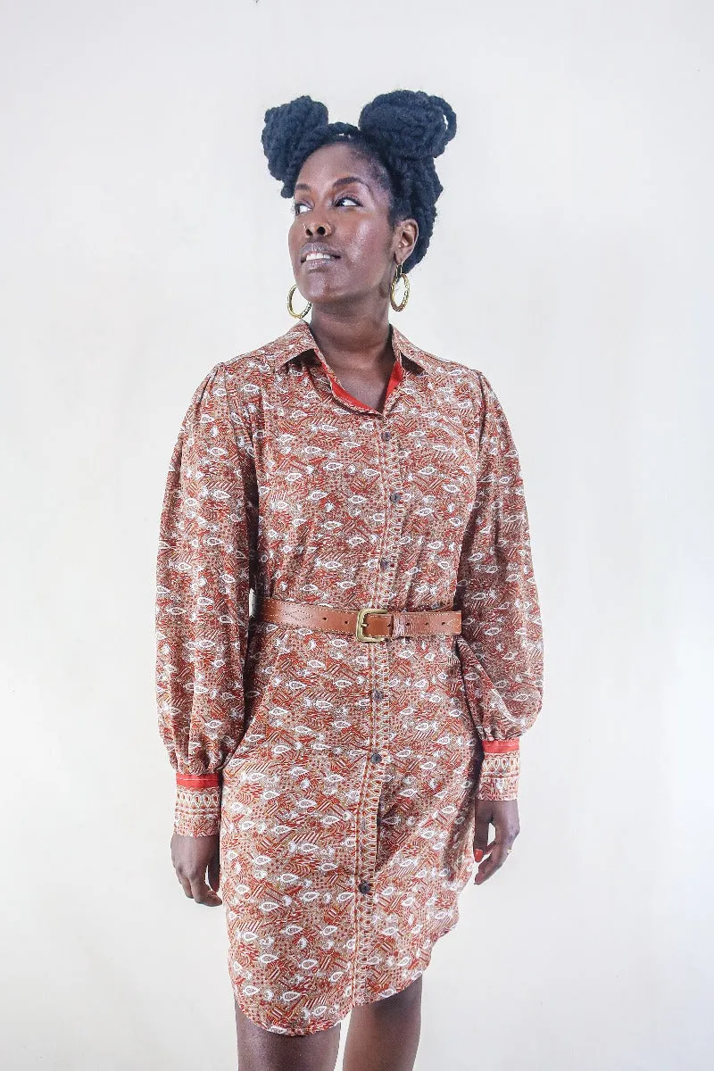 Bonnie Shirt Dress - Rust Red Ditsy Paisley - Vintage Indian Sari - Free Size M/L