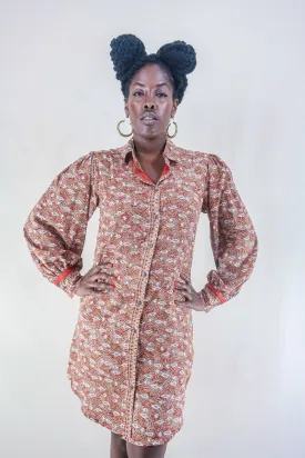 Bonnie Shirt Dress - Rust Red Ditsy Paisley - Vintage Indian Sari - Free Size M/L