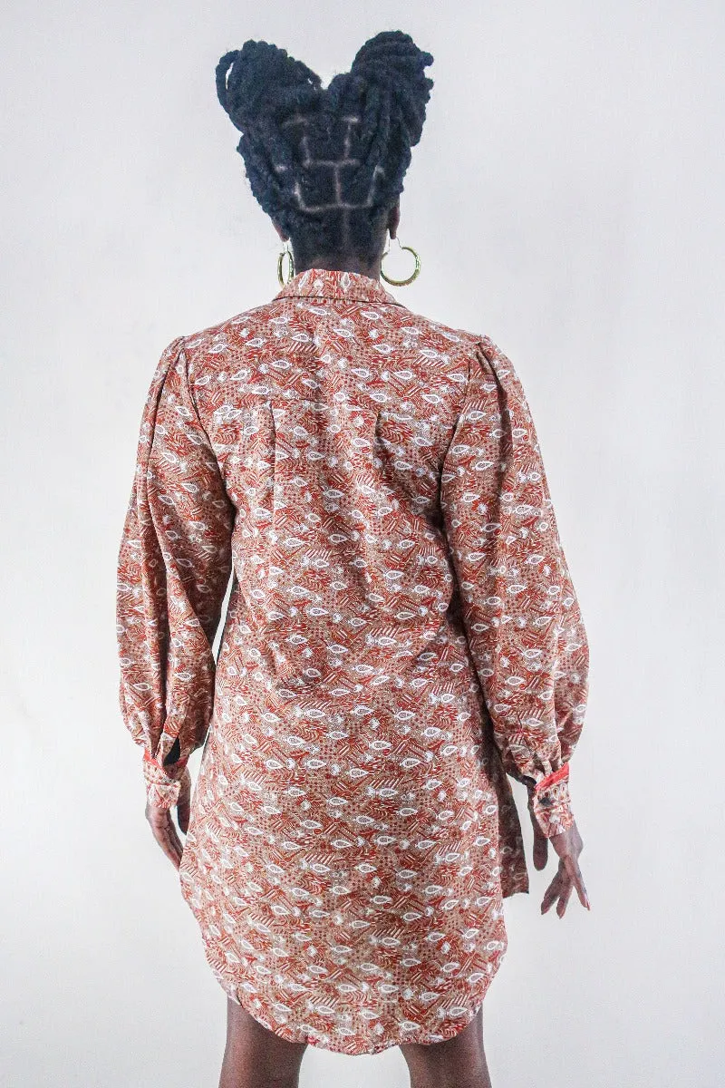Bonnie Shirt Dress - Rust Red Ditsy Paisley - Vintage Indian Sari - Free Size M/L