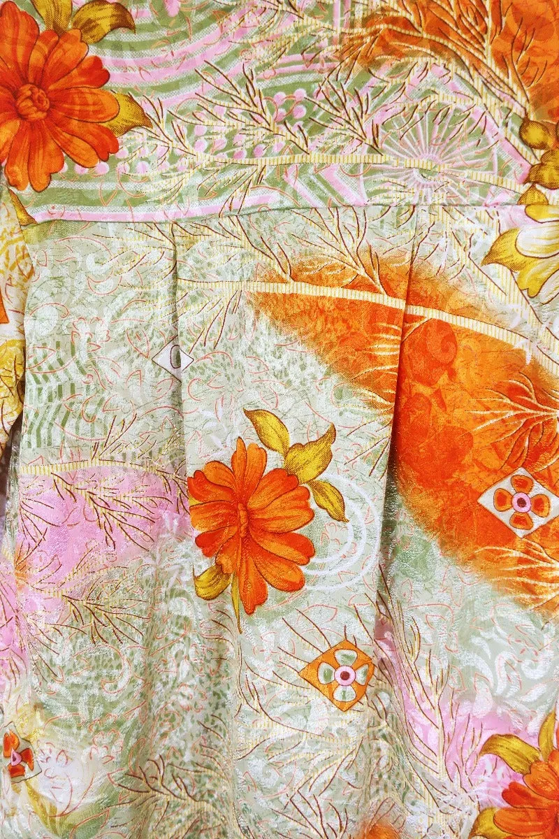Bonnie Shirt Dress - Vintage Indian Sari - Sunset & Pistachio Floral (M/L)
