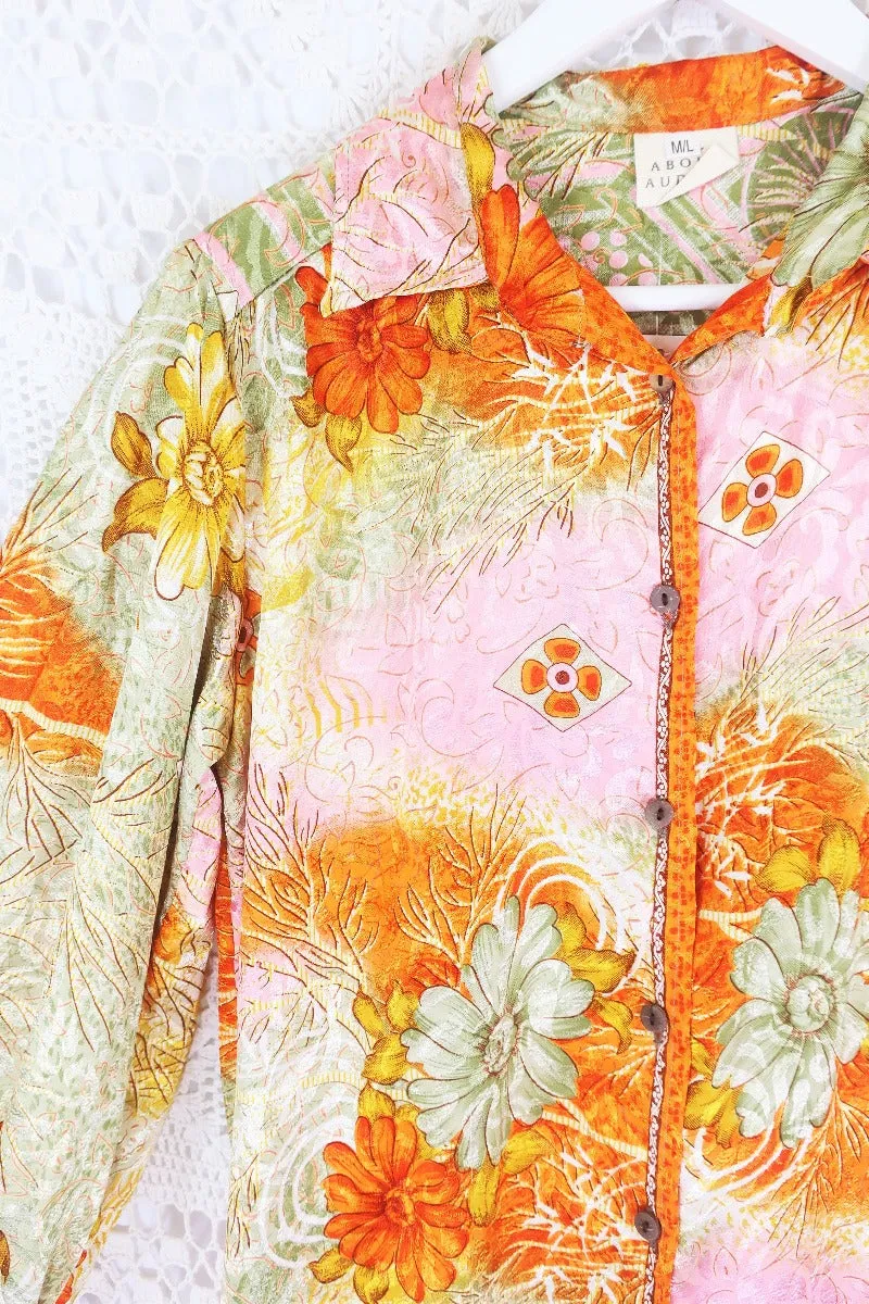 Bonnie Shirt Dress - Vintage Indian Sari - Sunset & Pistachio Floral (M/L)