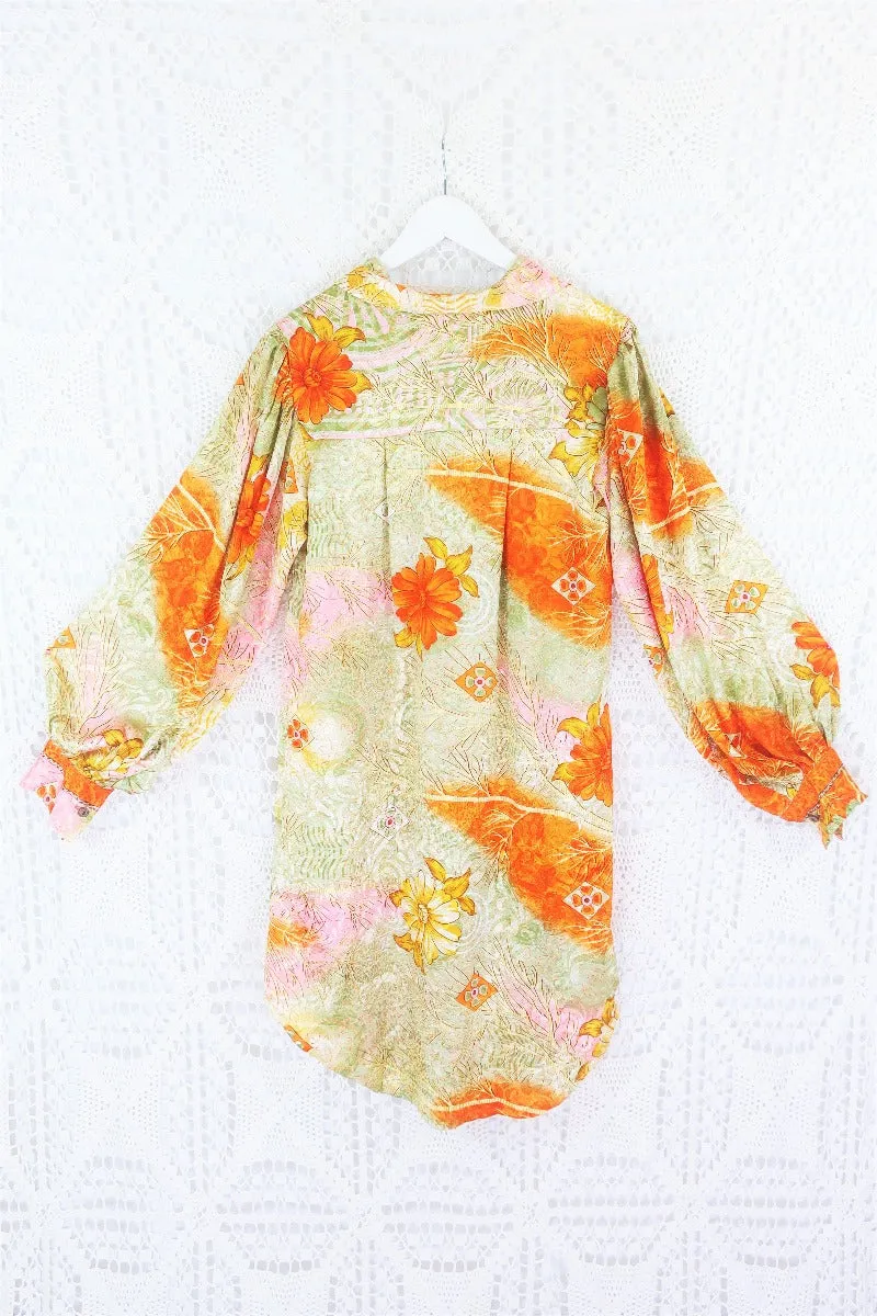 Bonnie Shirt Dress - Vintage Indian Sari - Sunset & Pistachio Floral (M/L)