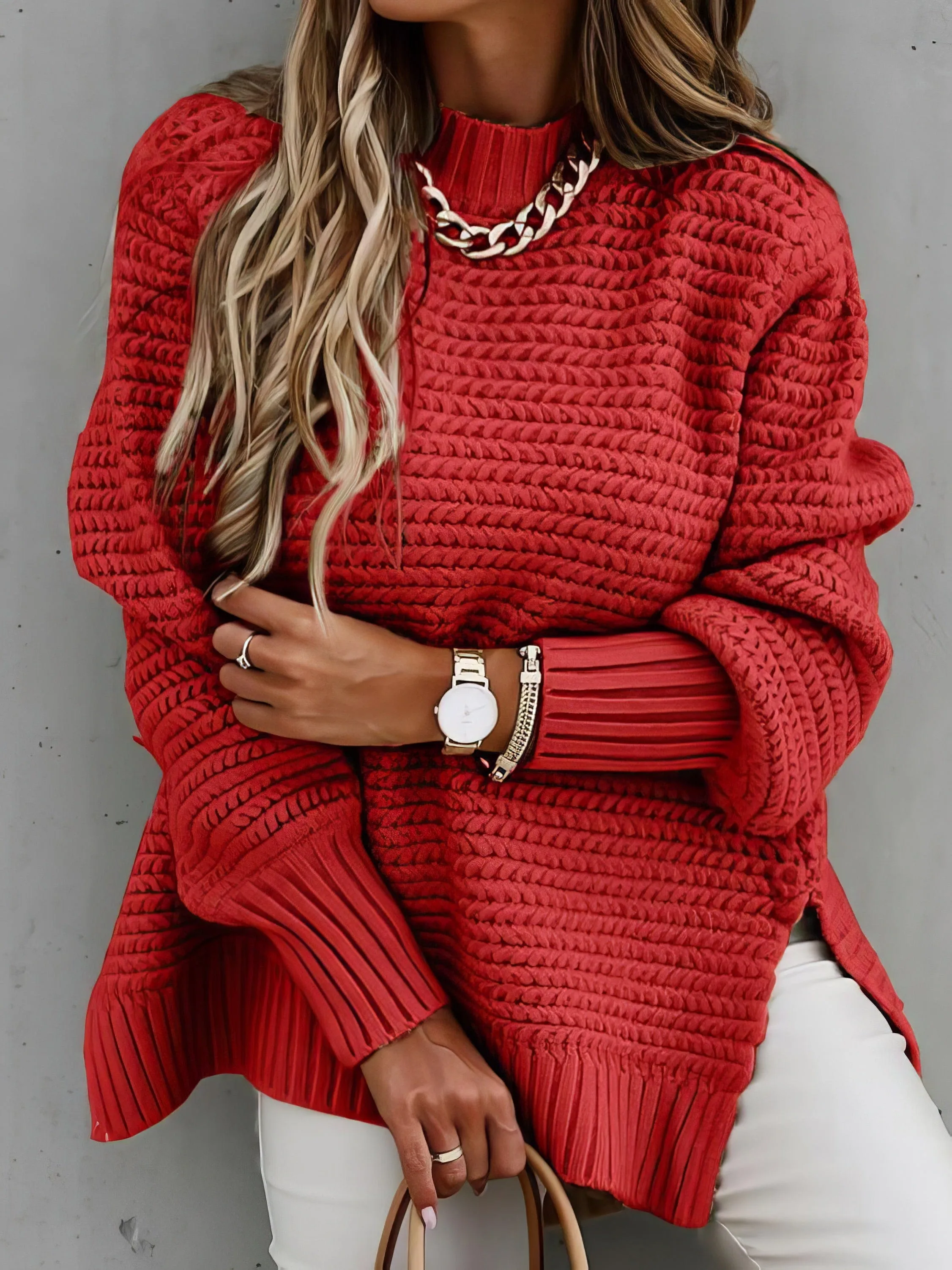 Chicmy-European and American casual women's clothing Half Turtleneck Solid Split Sweater