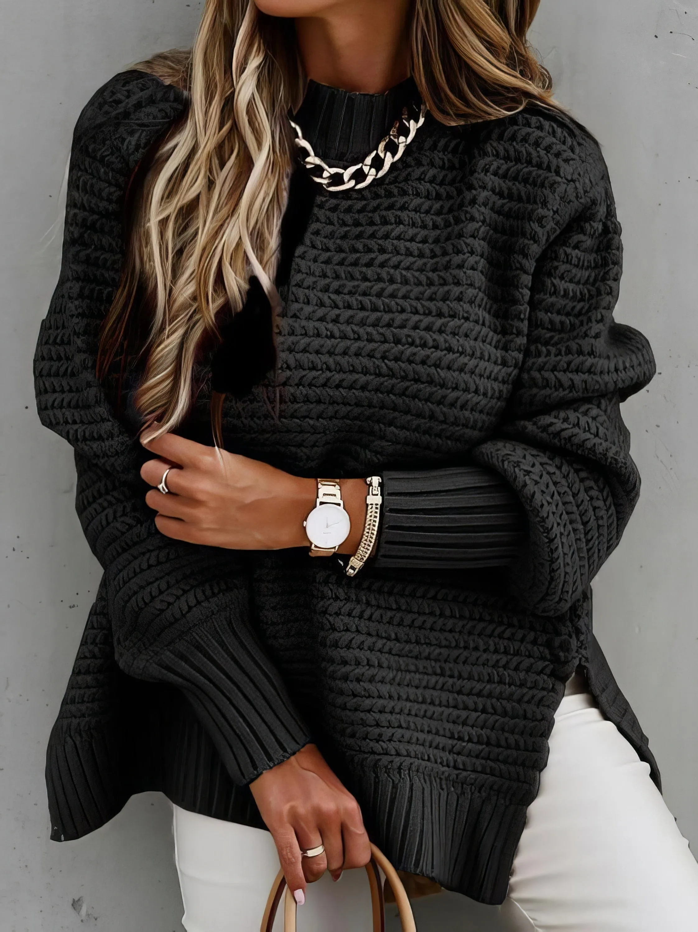 Chicmy-European and American casual women's clothing Half Turtleneck Solid Split Sweater
