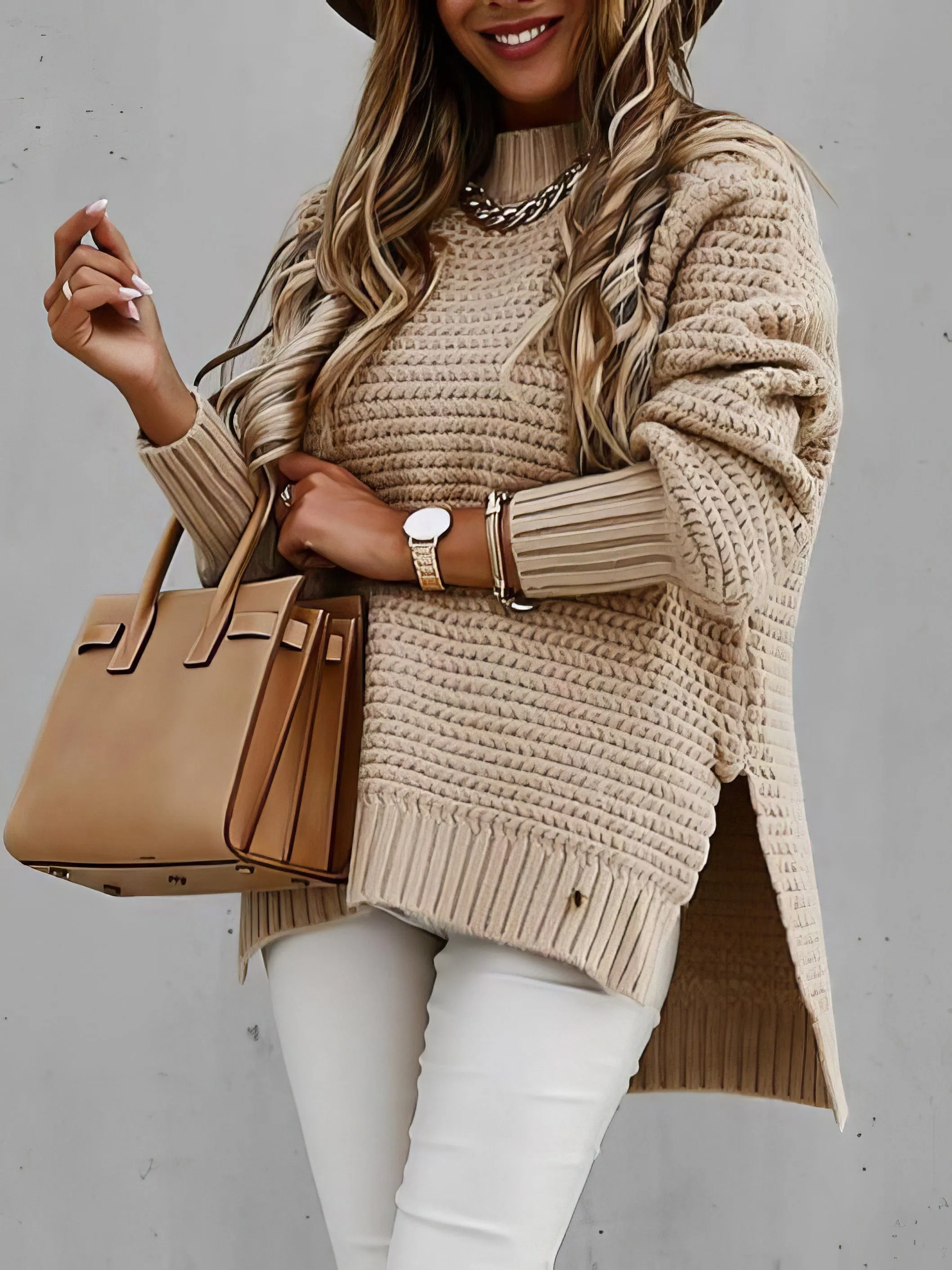 Chicmy-European and American casual women's clothing Half Turtleneck Solid Split Sweater