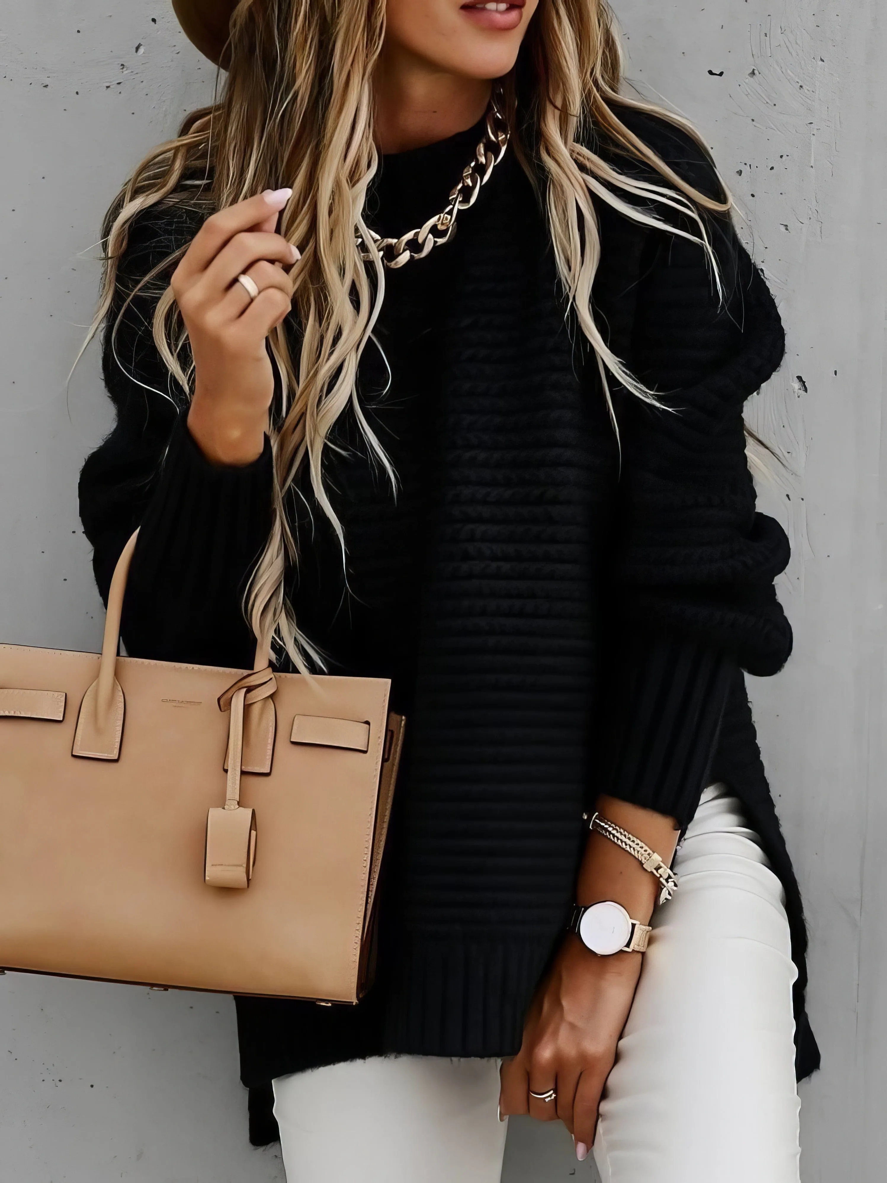 Chicmy-European and American casual women's clothing Half Turtleneck Solid Split Sweater