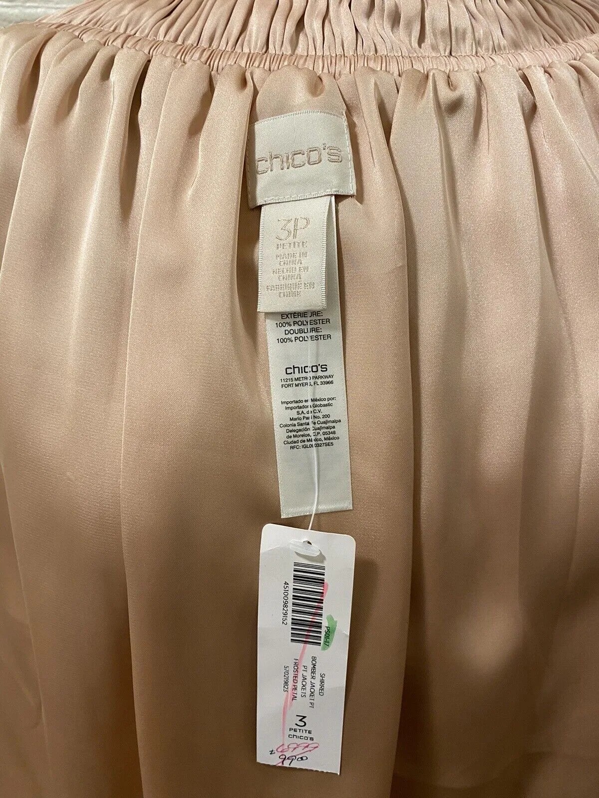 Chicos Shirred Frosted Pearl Color Bomber Jacket Size 3 -XL -16- NWT