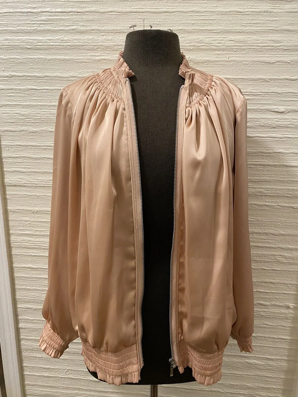 Chicos Shirred Frosted Pearl Color Bomber Jacket Size 3 -XL -16- NWT