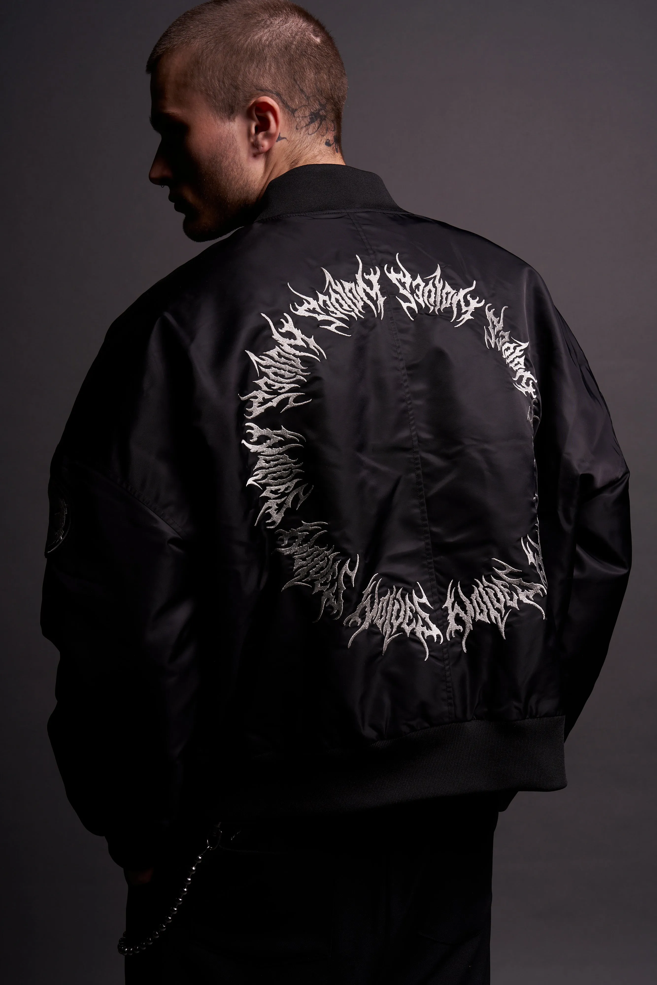 Fear Is My Ally Vicious Nylon Bomber Jacket in Black