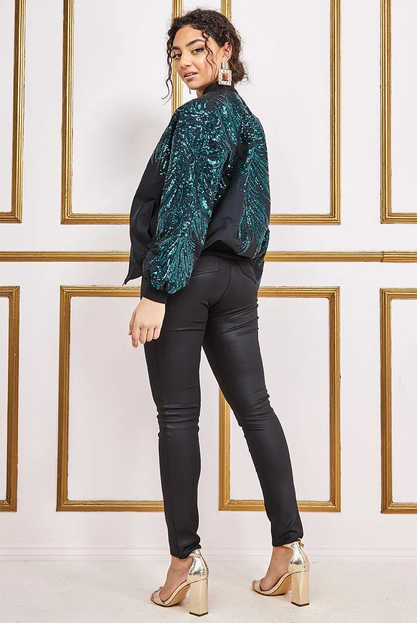 Goddiva Ornamental Embroidered Sequin Zip-Up Bomber Jacket