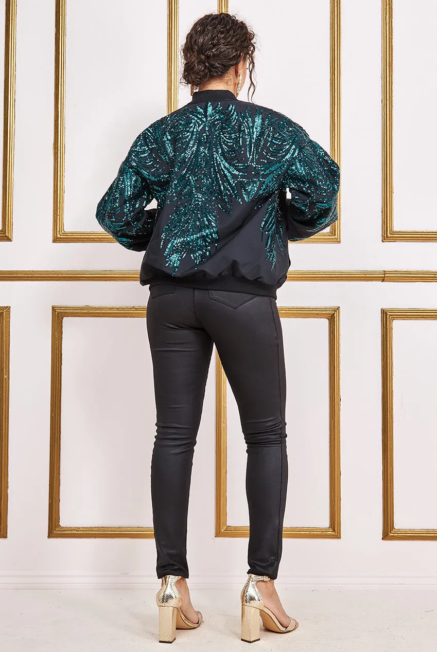 Goddiva Ornamental Embroidered Sequin Zip-Up Bomber Jacket