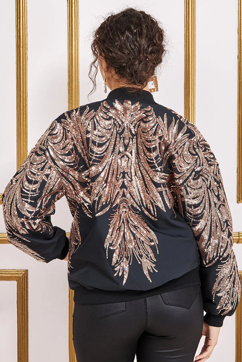Goddiva Ornamental Embroidered Sequin Zip-Up Bomber Jacket