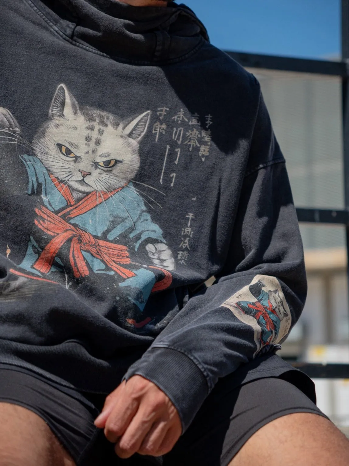 Kanji Karate Cat Washed Turtleneck Hoodie - Unisex Fit