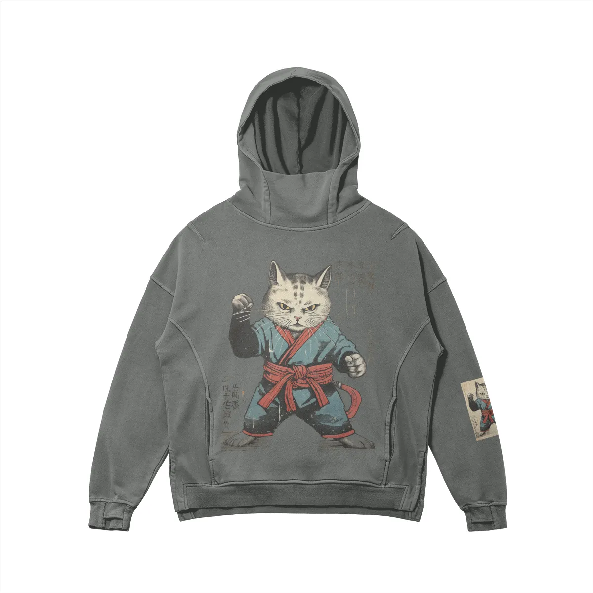 Kanji Karate Cat Washed Turtleneck Hoodie - Unisex Fit
