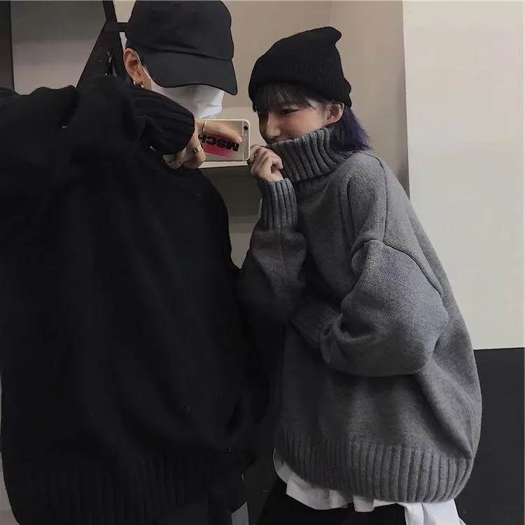 Men Turtleneck Sweater Men's Sweater Solid Color Autumn and Winter Retro Coat
