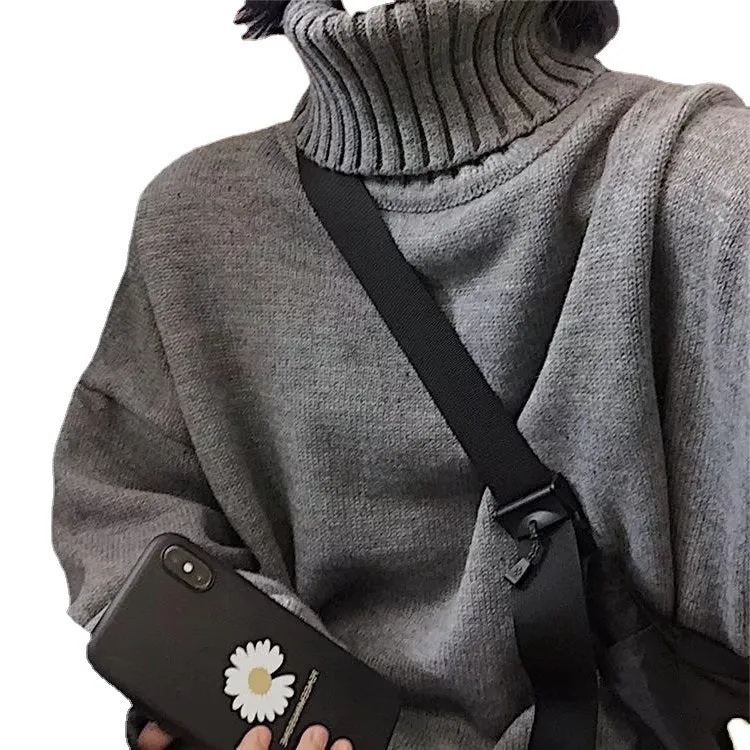 Men Turtleneck Sweater Men's Sweater Solid Color Autumn and Winter Retro Coat