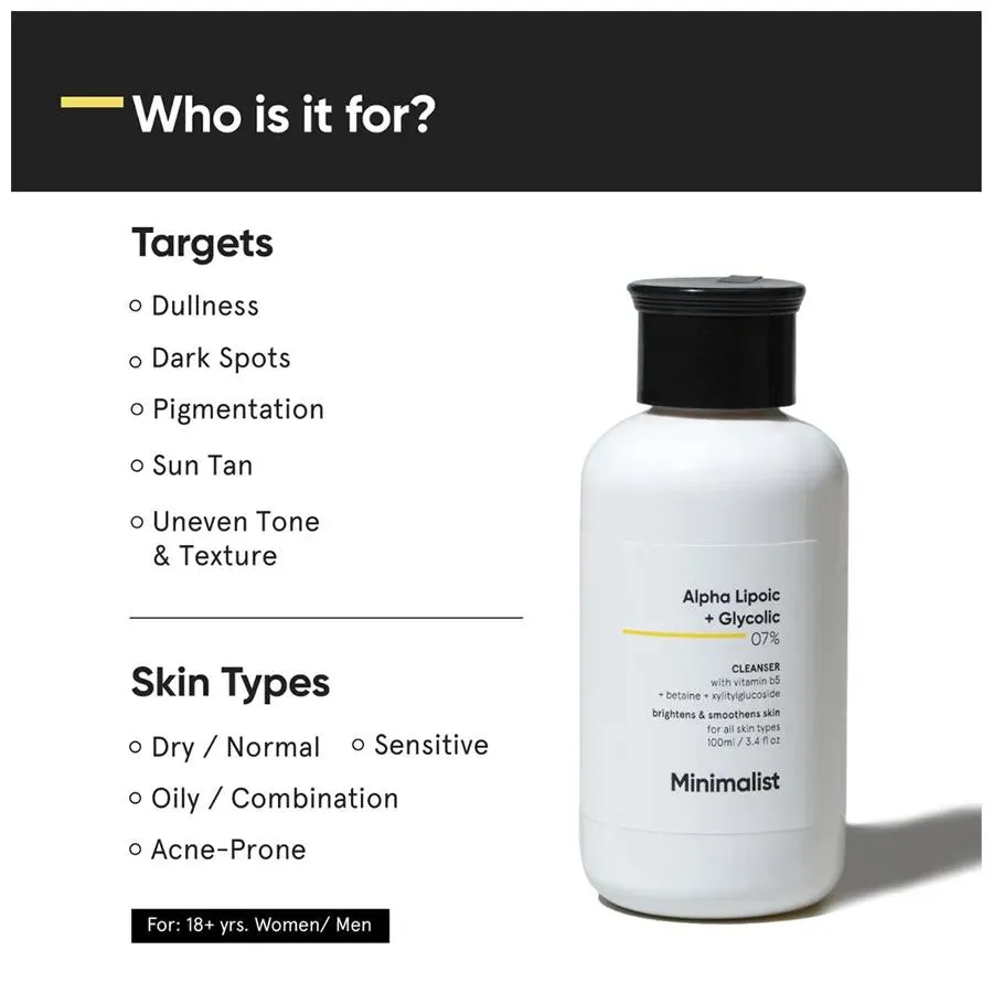 Minimalist Alpha Lipoic  Glycolic 07% Cleanser Brightens & Smoothens Skin 100ml