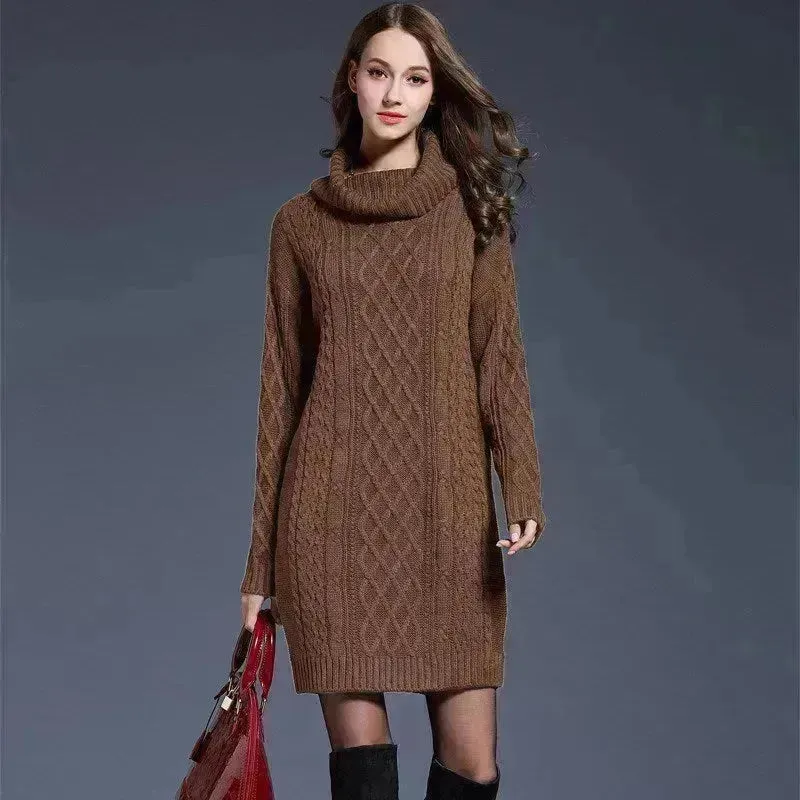 New Autumn Winter Solid Knitted Oversized Mini Turtleneck Sweater Dress