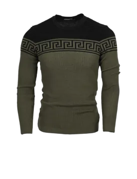 Olive Men's Fashion Design Crewneck Sweaters Greek Key style Light Blend Slim Fit
