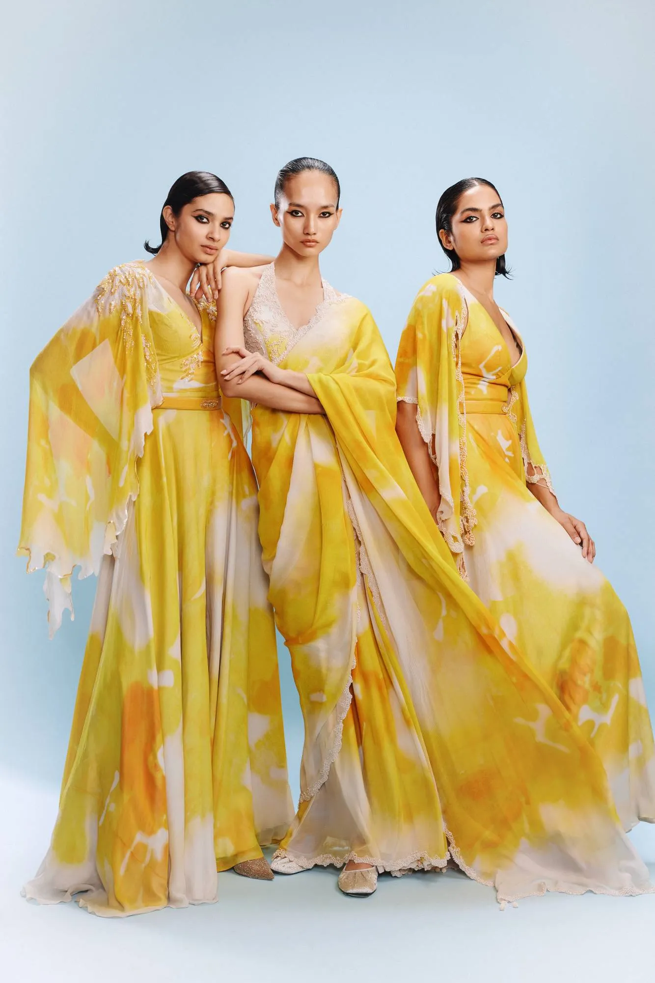 "Ruya" Chiffon Watercolored Jumpsuit with a Cape