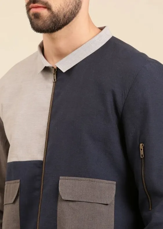 Tri Color Navy Charcoal Cotton Bomber Jacket - MMBJ024