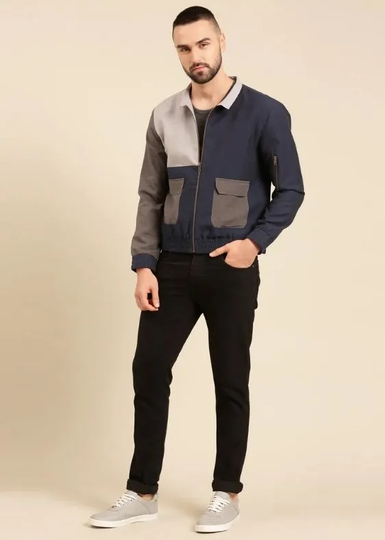 Tri Color Navy Charcoal Cotton Bomber Jacket - MMBJ024