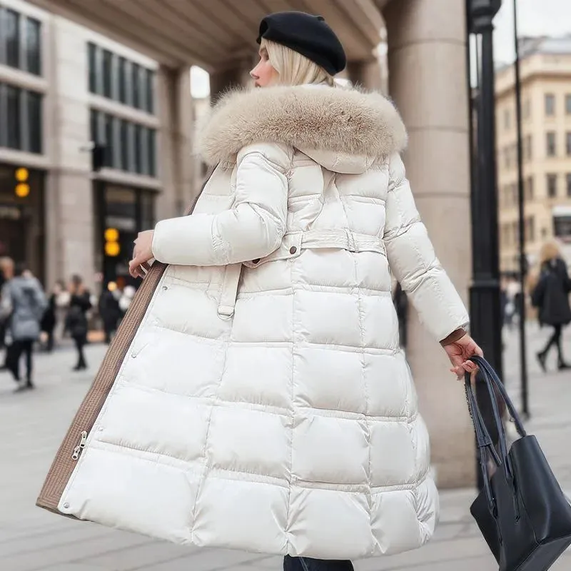 Womens Long Puffer Coat  Quilted Insulation  Fur Trim Hood  Belted Waist  Warm Fit
