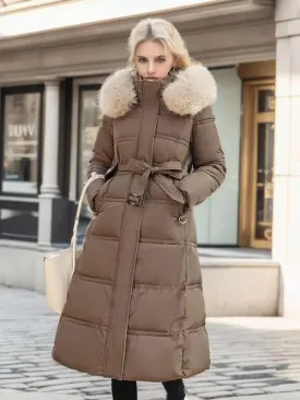 Womens Long Puffer Coat  Quilted Insulation  Fur Trim Hood  Belted Waist  Warm Fit