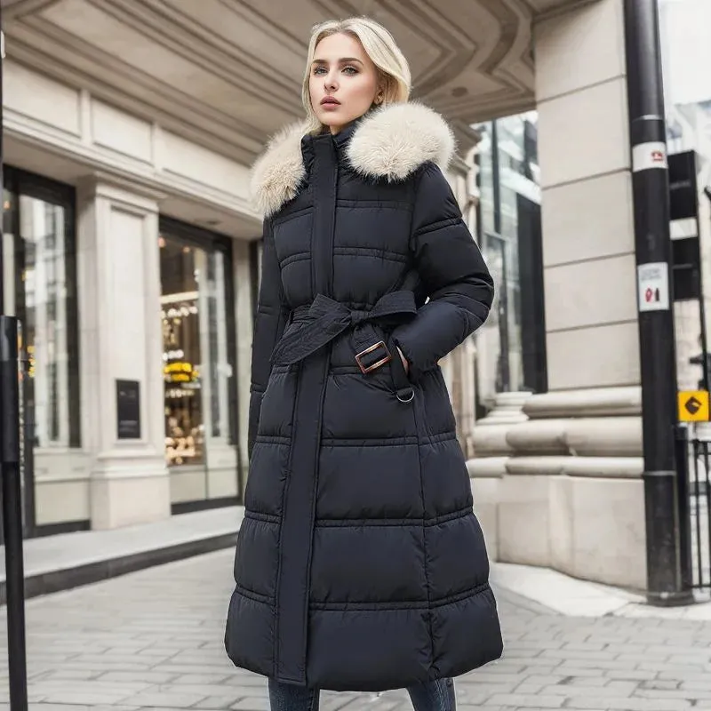 Womens Long Puffer Coat  Quilted Insulation  Fur Trim Hood  Belted Waist  Warm Fit