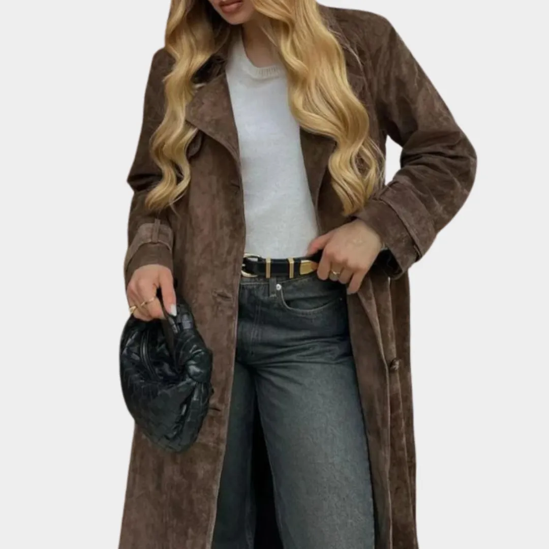 Women's Suede Leather Long Jacket  Button Down  Lapel Collar  Oversized Fit  Long Sleeve  Multiple Colours
