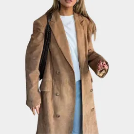 Women's Suede Leather Long Jacket  Button Down  Lapel Collar  Oversized Fit  Long Sleeve  Multiple Colours
