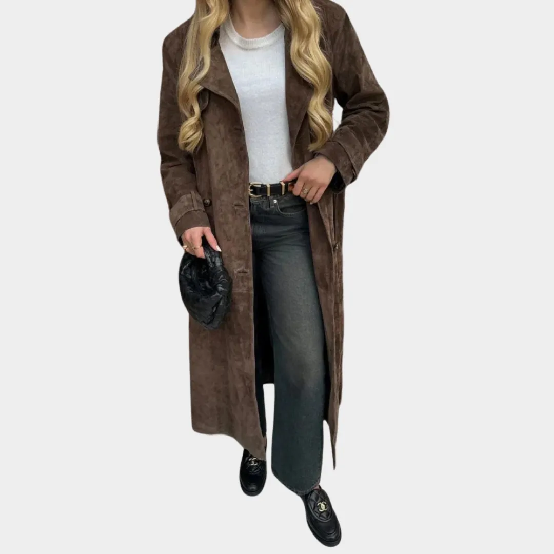 Women's Suede Leather Long Jacket  Button Down  Lapel Collar  Oversized Fit  Long Sleeve  Multiple Colours