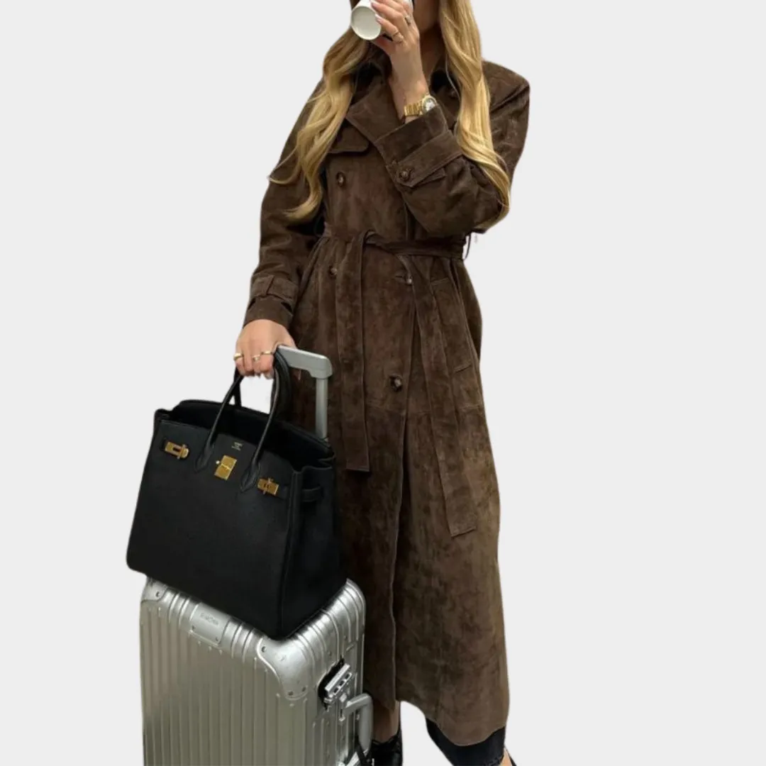 Women's Suede Leather Long Jacket  Button Down  Lapel Collar  Oversized Fit  Long Sleeve  Multiple Colours