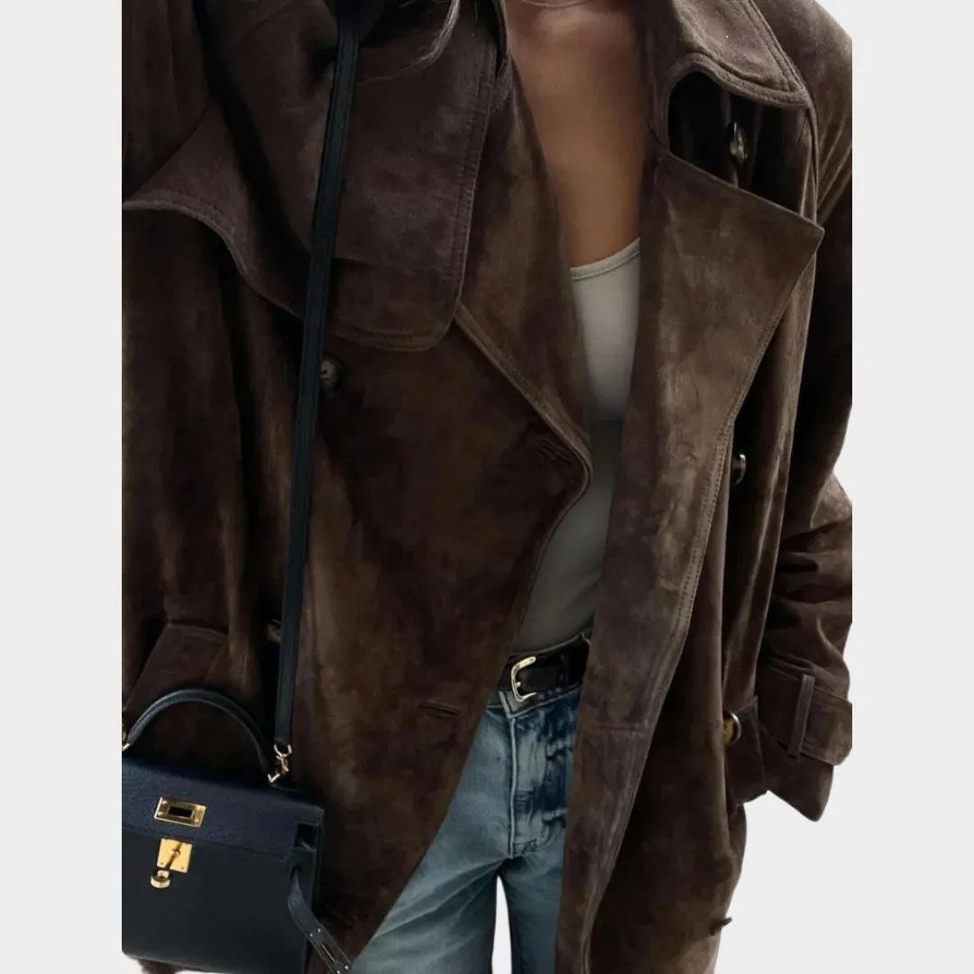 Women's Suede Leather Long Jacket  Button Down  Lapel Collar  Oversized Fit  Long Sleeve  Multiple Colours