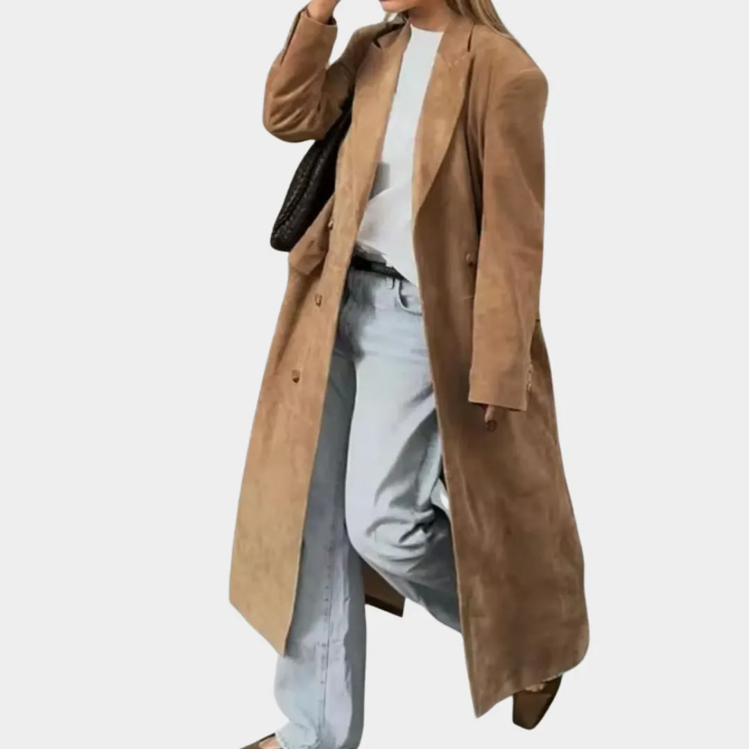 Women's Suede Leather Long Jacket  Button Down  Lapel Collar  Oversized Fit  Long Sleeve  Multiple Colours