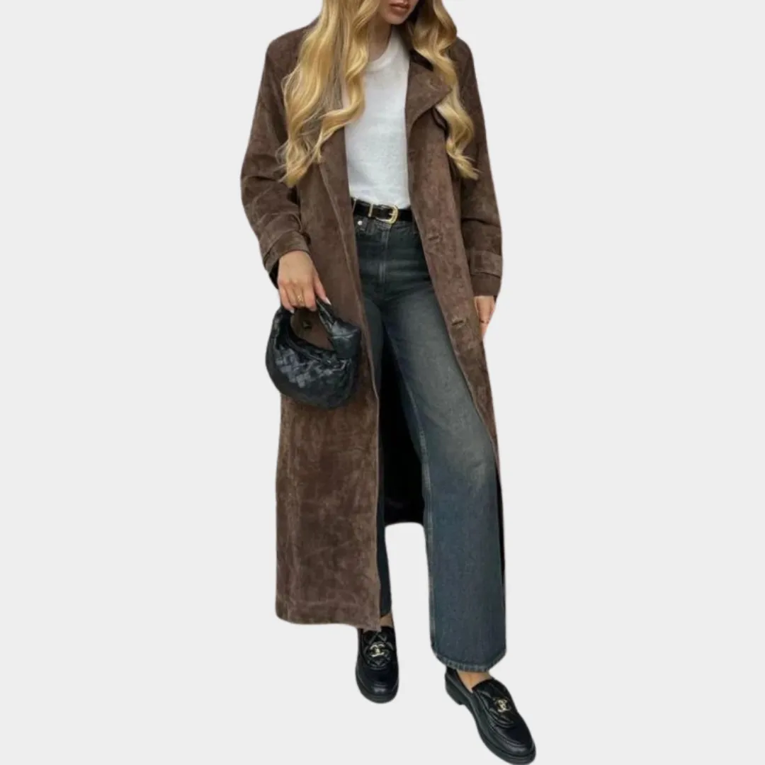 Women's Suede Leather Long Jacket  Button Down  Lapel Collar  Oversized Fit  Long Sleeve  Multiple Colours